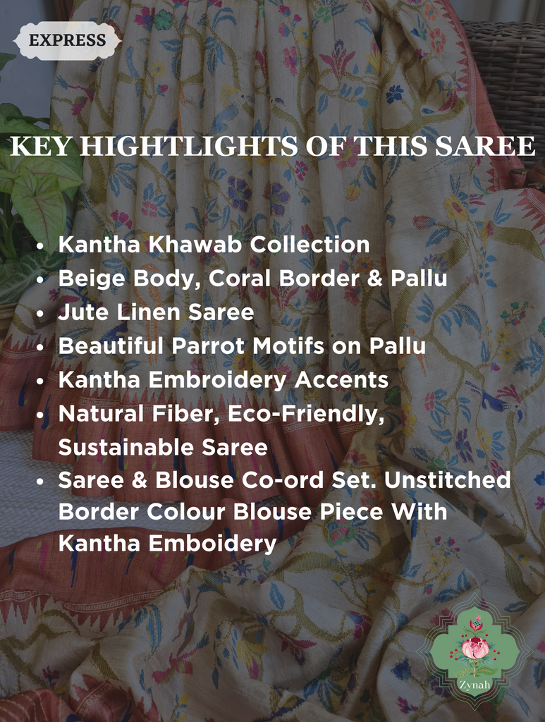 Beige & Coral Jute Linen Saree With Kantha Work & Parrot Motifs