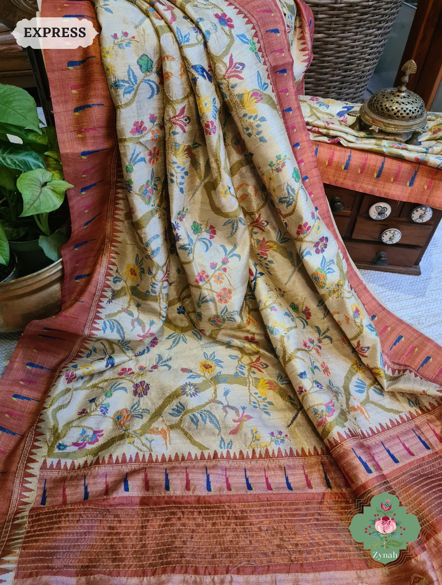 Beige & Coral Jute Linen Saree With Kantha Work & Parrot Motifs