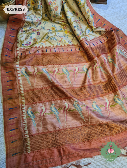 Beige & Coral Jute Linen Saree With Kantha Work & Parrot Motifs