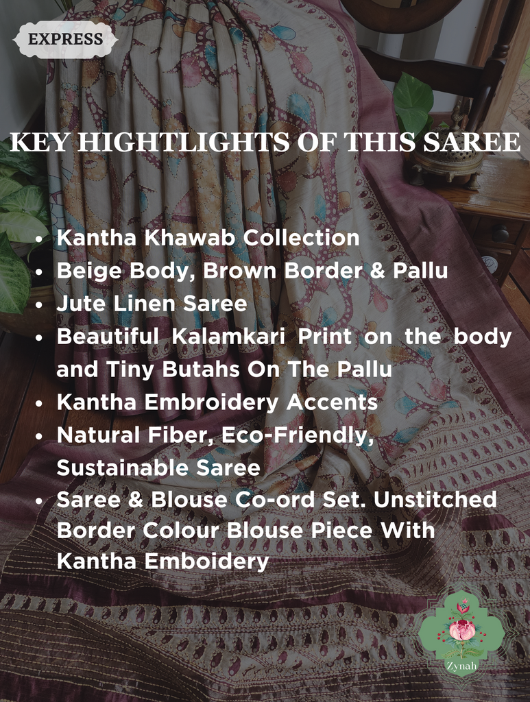 Beige & Dark Brown Jute Linen Saree With Kantha Work & Kalamkari Print