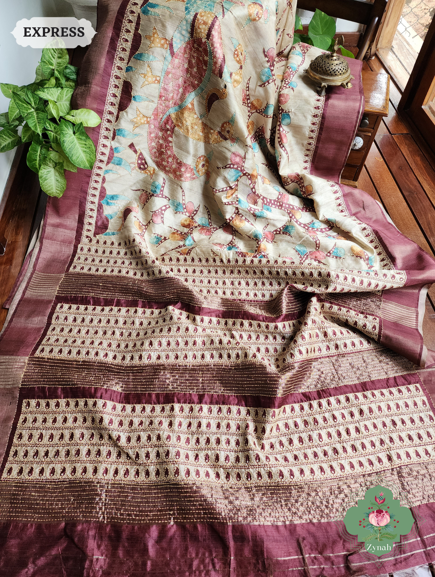 Beige & Dark Brown Jute Linen Saree With Kantha Work & Kalamkari Print