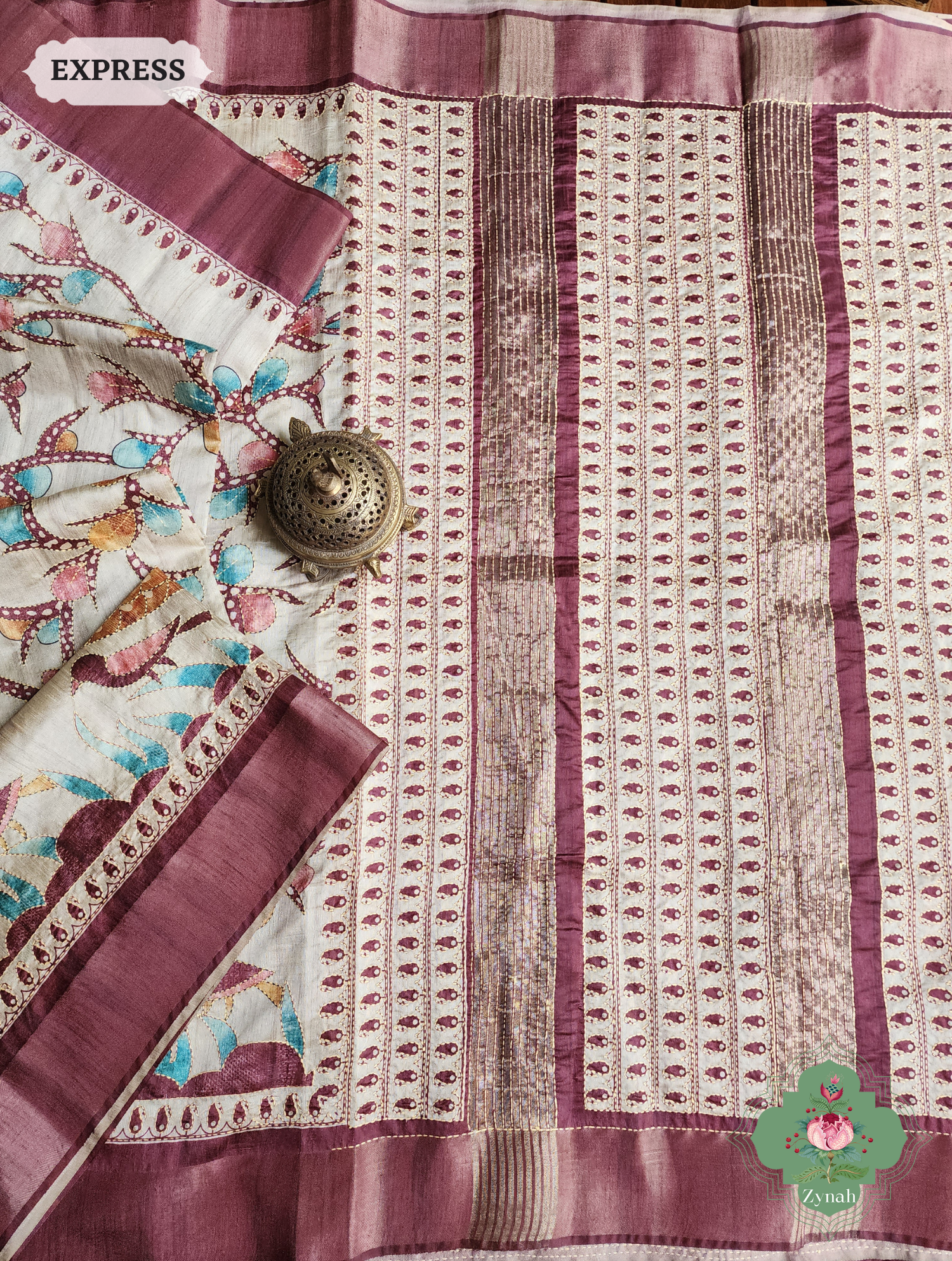 Beige & Dark Brown Jute Linen Saree With Kantha Work & Kalamkari Print