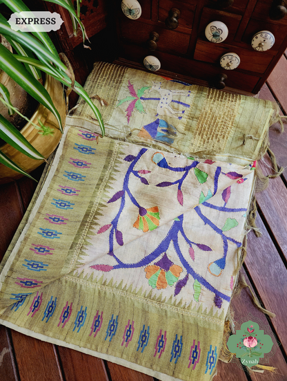 Beige & Green Jute Linen Saree With Kantha Work & Nature Motifs