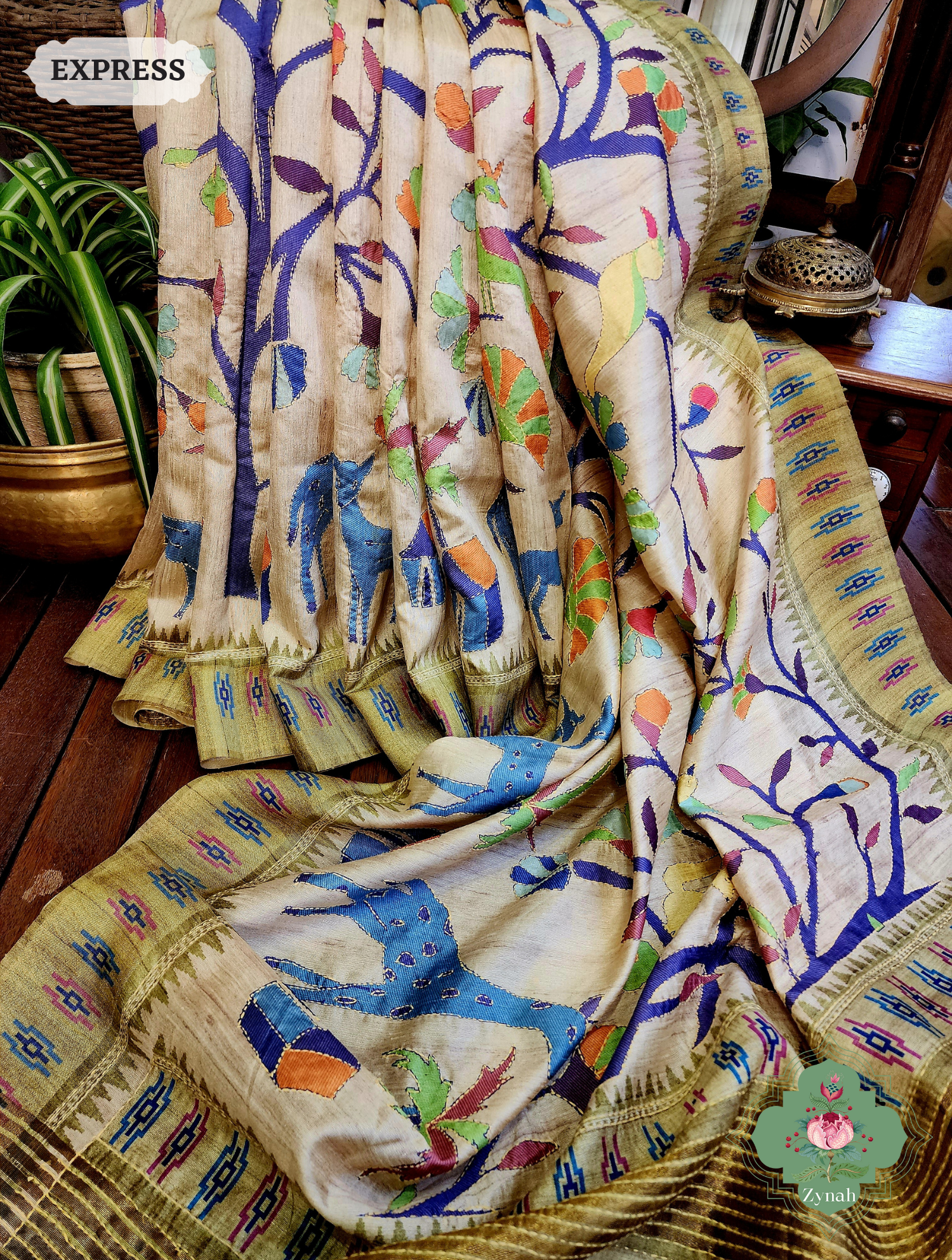 Beige & Green Jute Linen Saree With Kantha Work & Nature Motifs