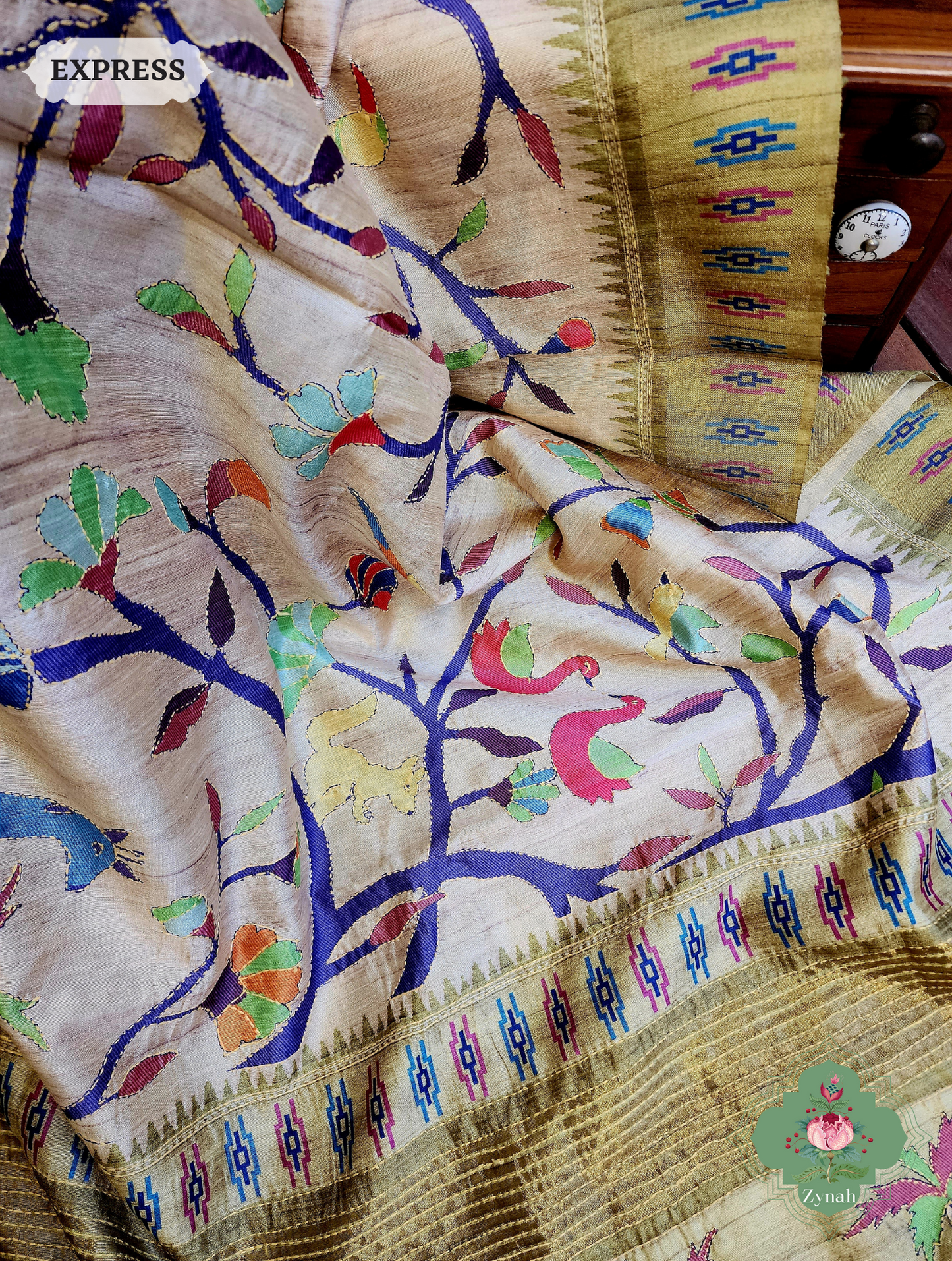 Beige & Green Jute Linen Saree With Kantha Work & Nature Motifs