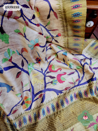 Beige & Green Jute Linen Saree With Kantha Work & Nature Motifs