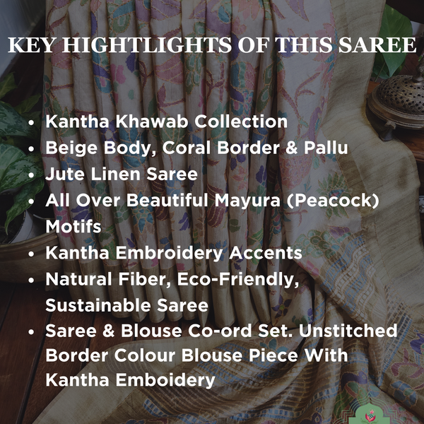 Beige & Green Jute Linen Saree With Kantha Work & Mayura Motifs
