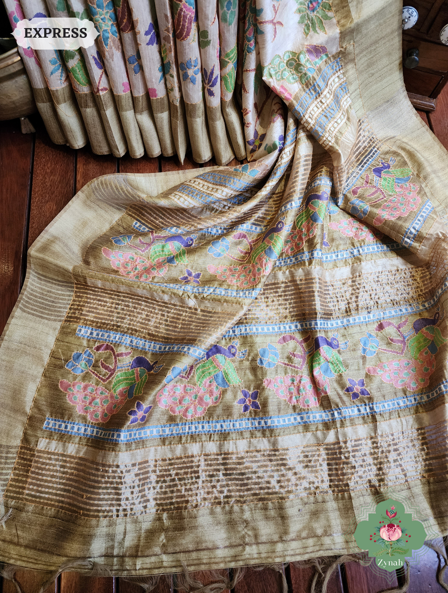 Beige & Green Jute Linen Saree With Kantha Work & Mayura Motifs