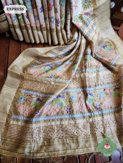 Beige & Green Jute Linen Saree With Kantha Work & Mayura Motifs