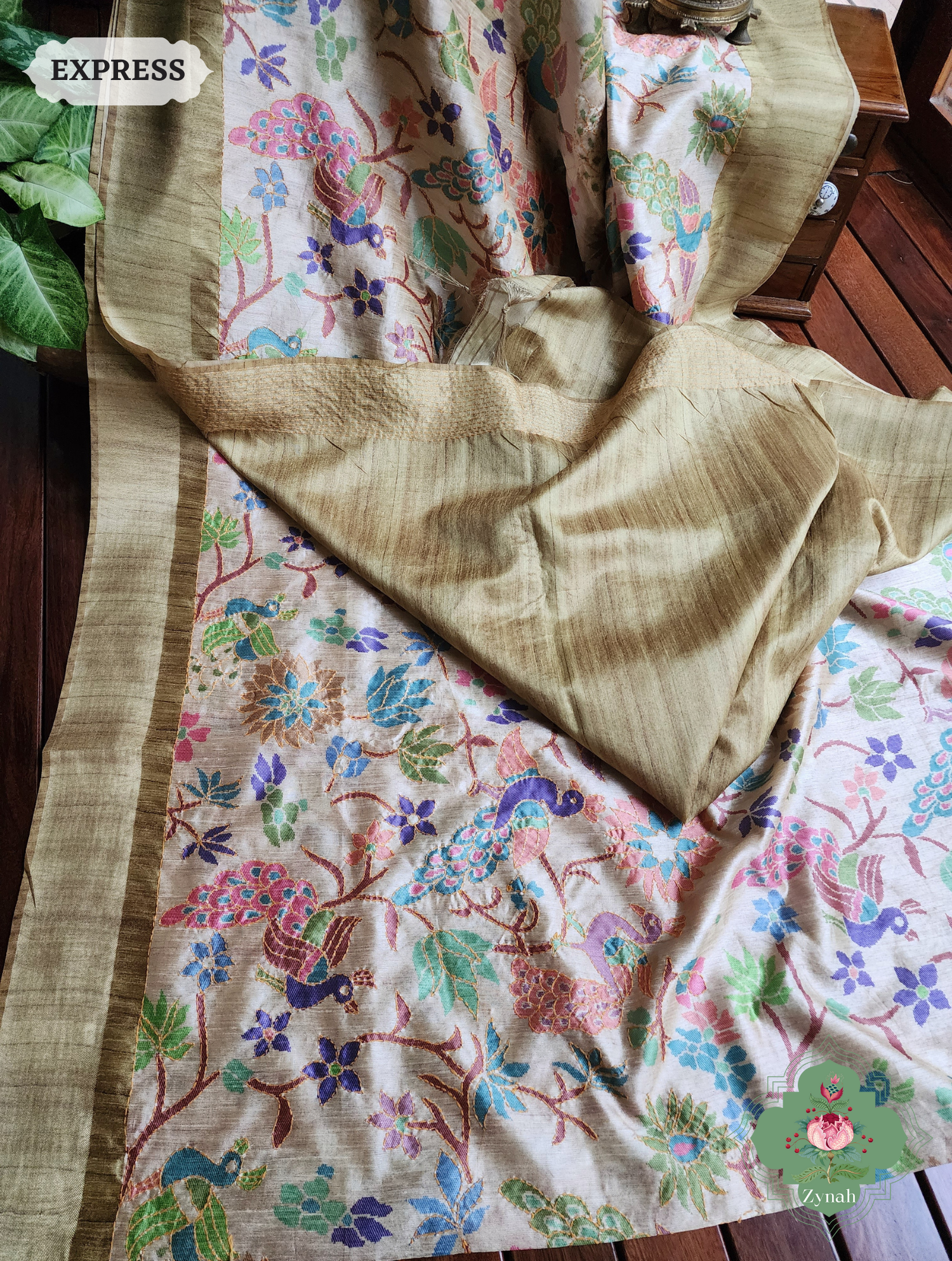 Beige & Green Jute Linen Saree With Kantha Work & Mayura Motifs