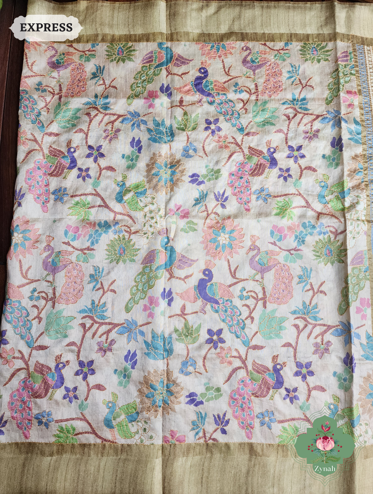 Beige & Green Jute Linen Saree With Kantha Work & Mayura Motifs