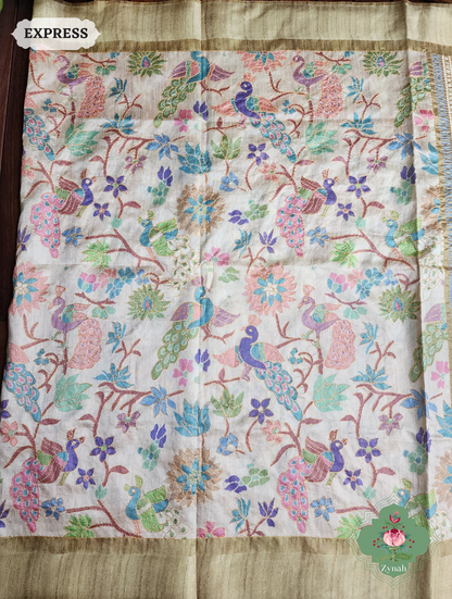 Beige & Green Jute Linen Saree With Kantha Work & Mayura Motifs