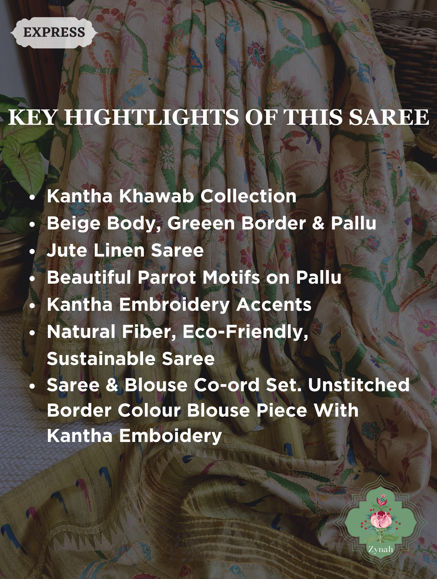 Beige & Green Jute Linen Saree With Kantha Work & Parrot Motifs