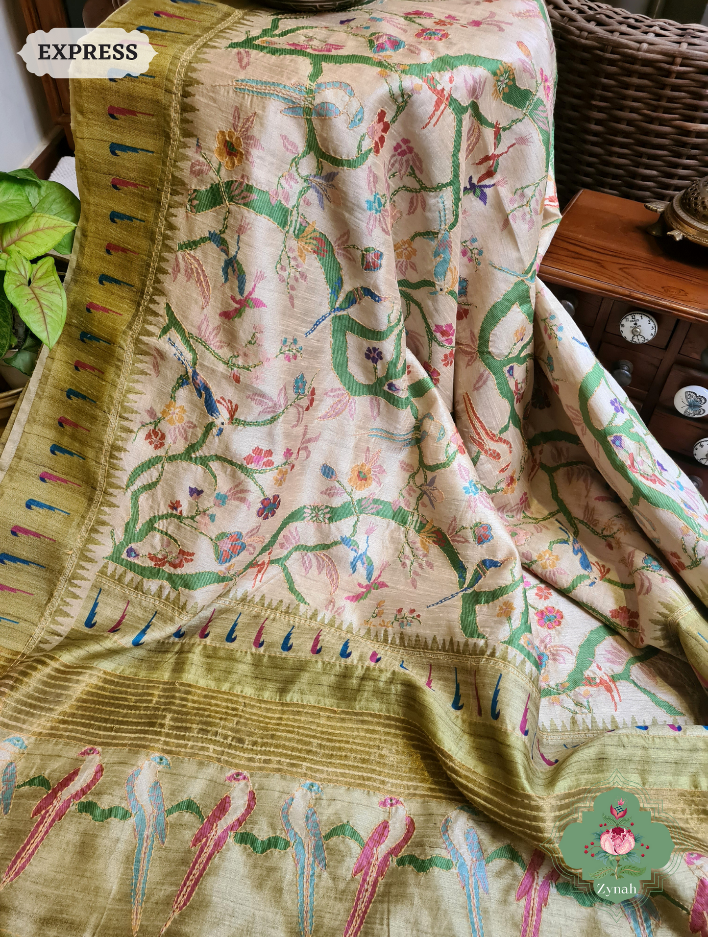Beige & Green Jute Linen Saree With Kantha Work & Parrot Motifs