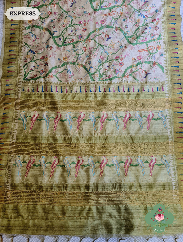 Beige & Green Jute Linen Saree With Kantha Work & Parrot Motifs