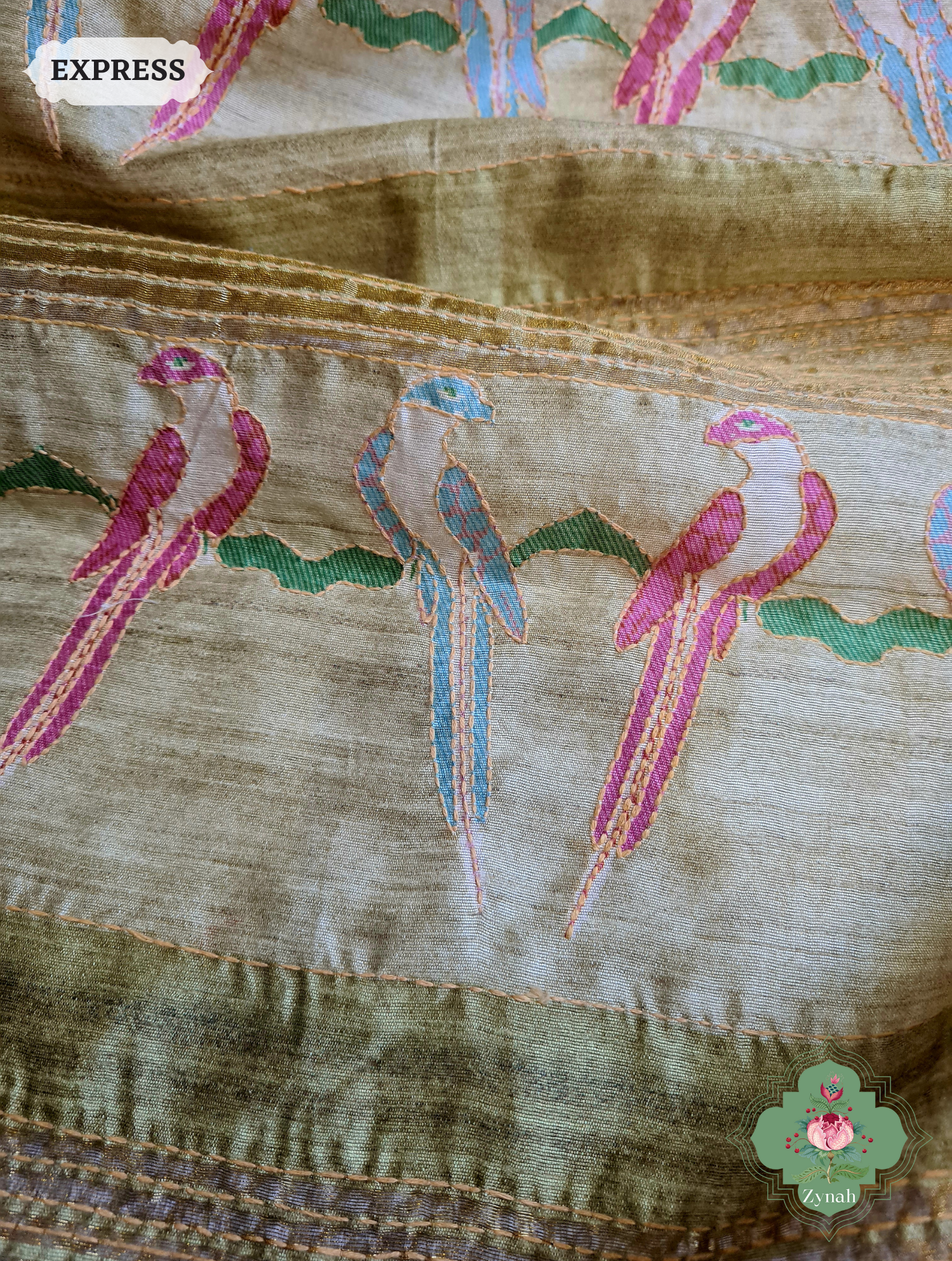 Beige & Green Jute Linen Saree With Kantha Work & Parrot Motifs