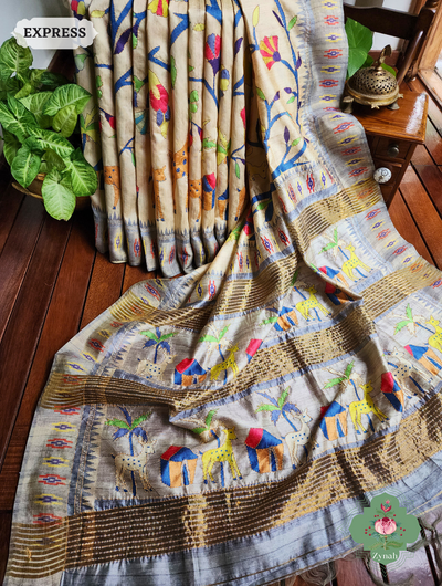 Beige & Grey Jute Linen Saree With Kantha Work & Nature Motifs