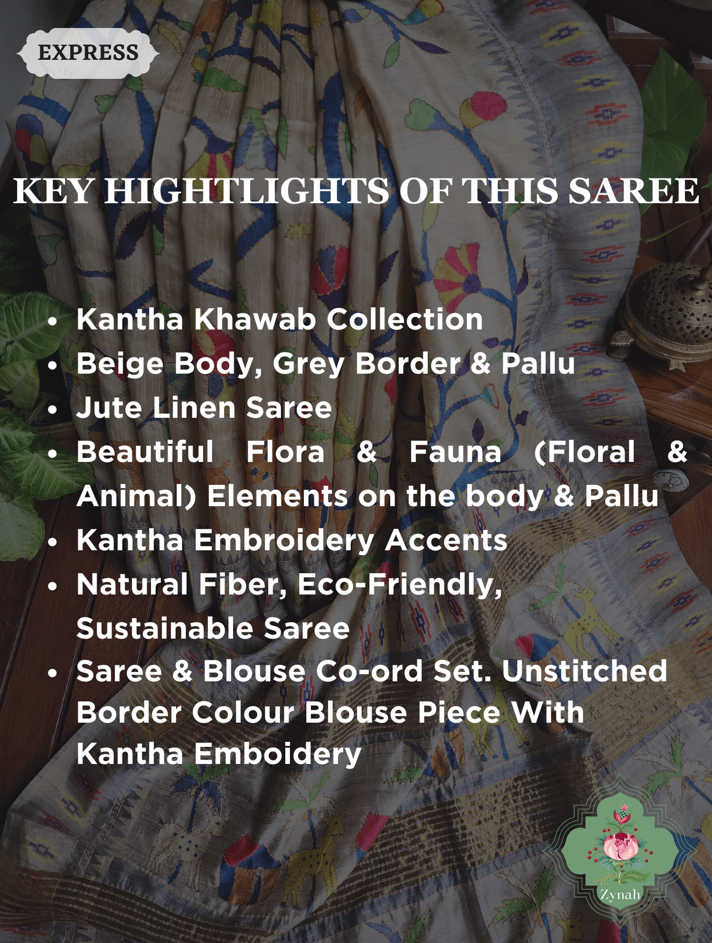 Beige & Grey Jute Linen Saree With Kantha Work & Nature Motifs