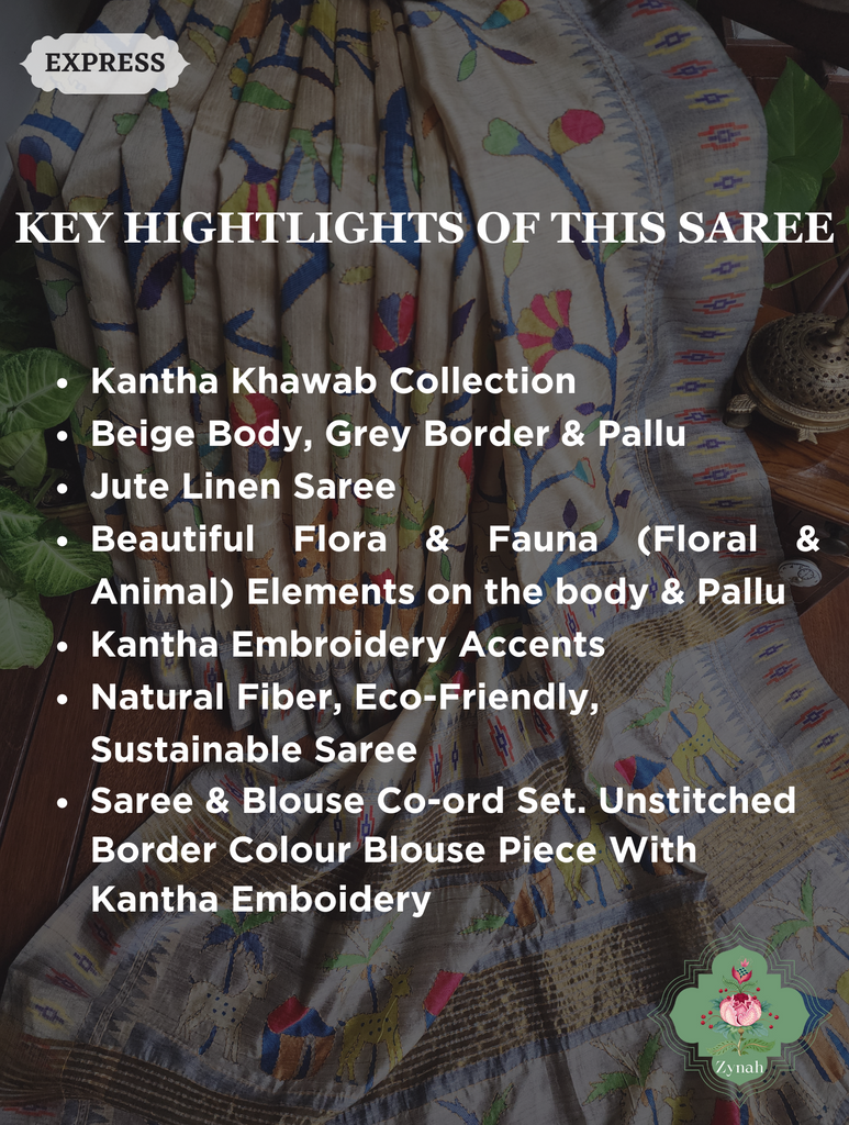 Beige & Grey Jute Linen Saree With Kantha Work & Nature Motifs