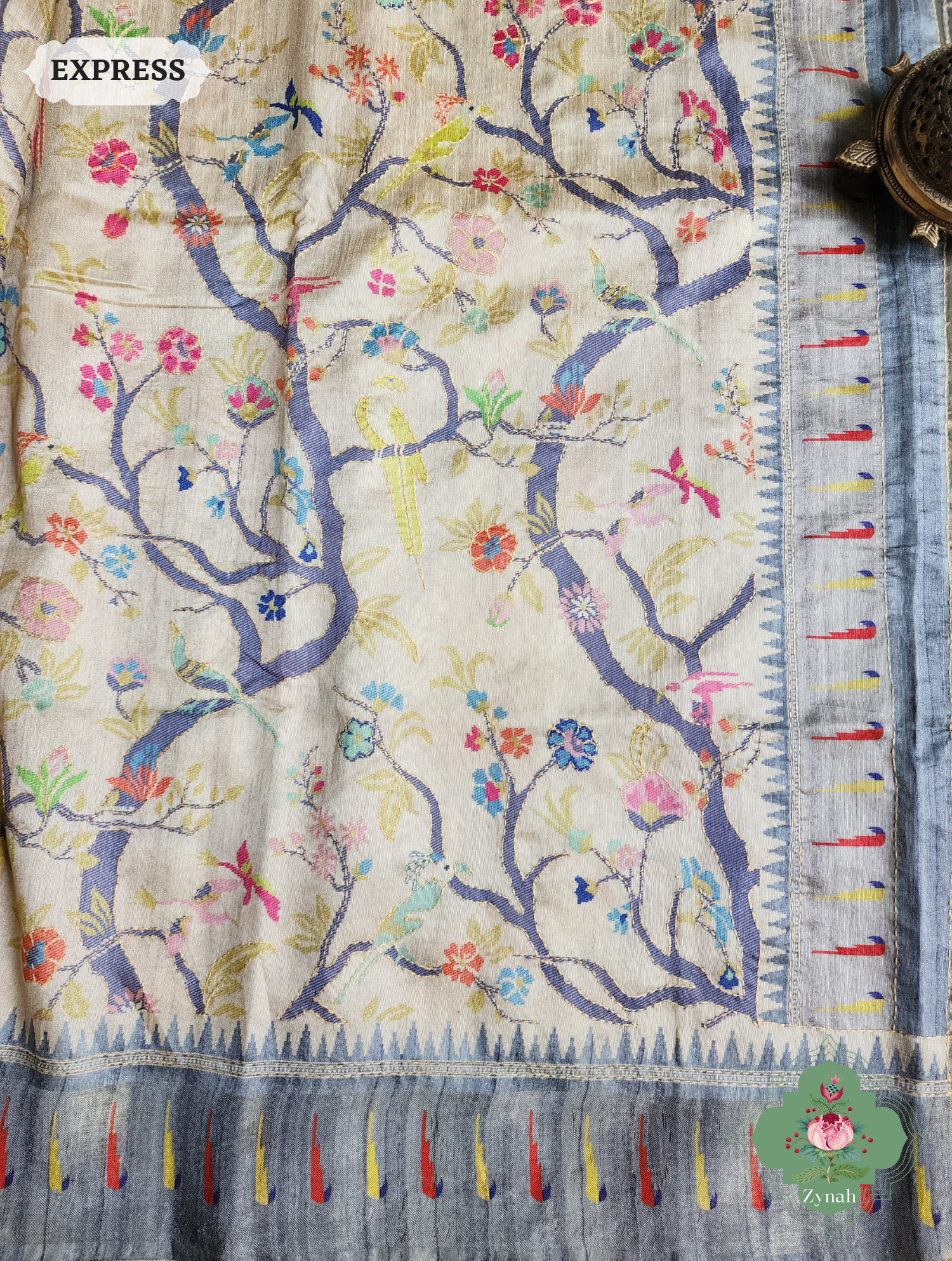 Beige & Grey Jute Linen Saree With Kantha Work Parrot Motifs