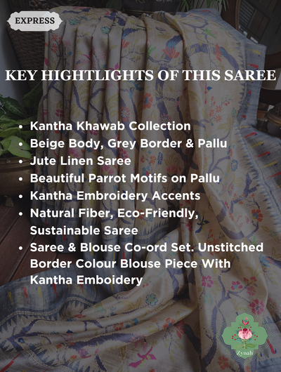 Beige & Grey Jute Linen Saree With Kantha Work Parrot Motifs