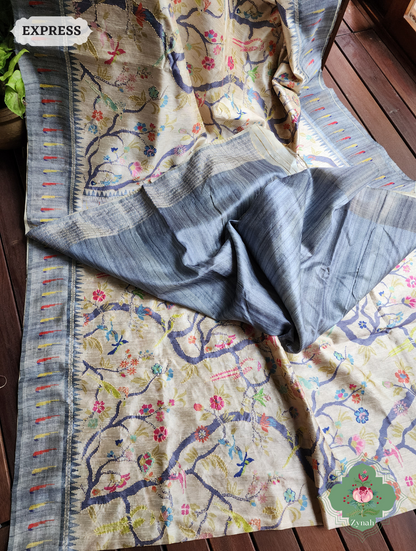 Beige & Grey Jute Linen Saree With Kantha Work Parrot Motifs