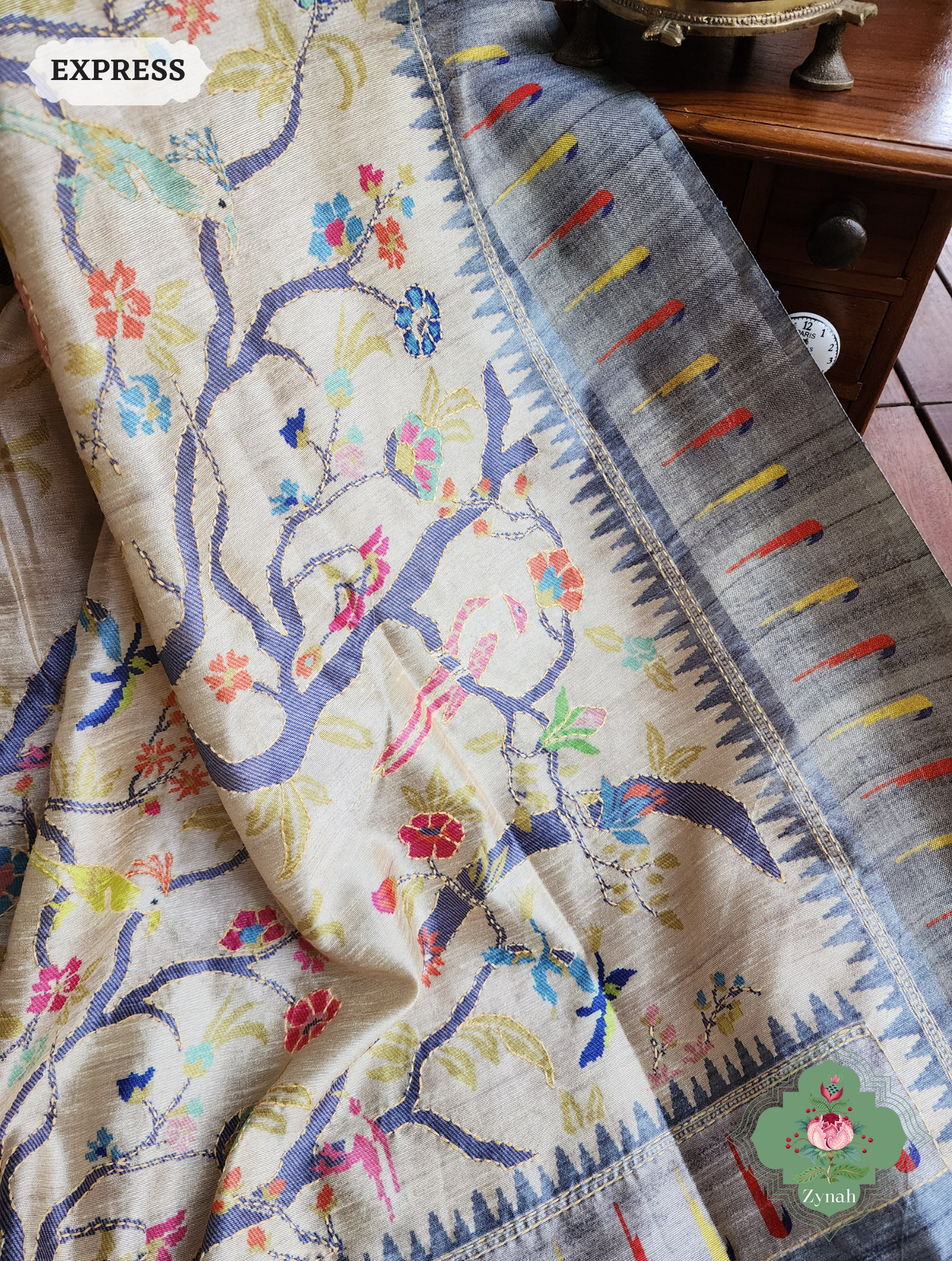 Beige & Grey Jute Linen Saree With Kantha Work Parrot Motifs