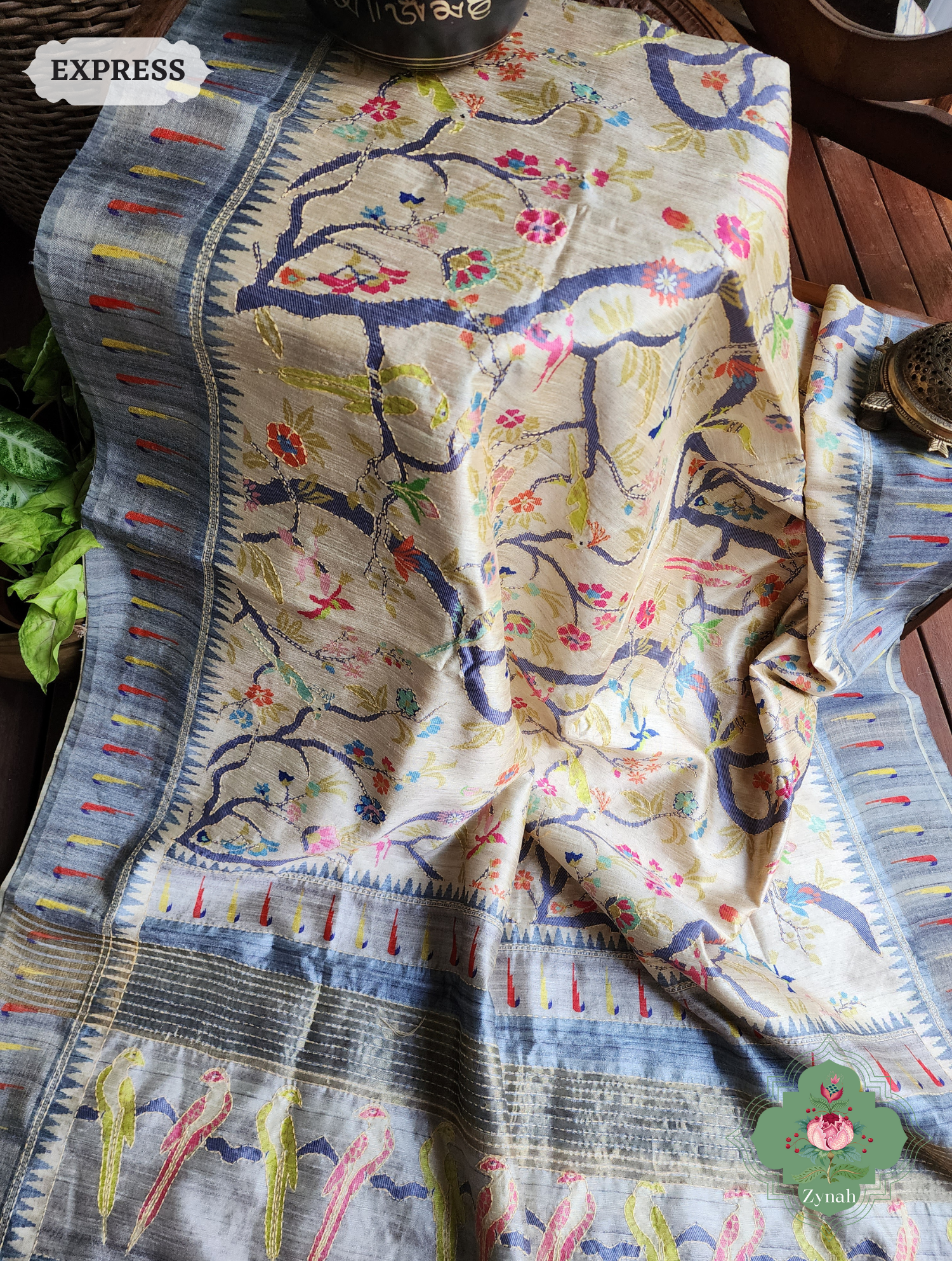 Beige & Grey Jute Linen Saree With Kantha Work Parrot Motifs