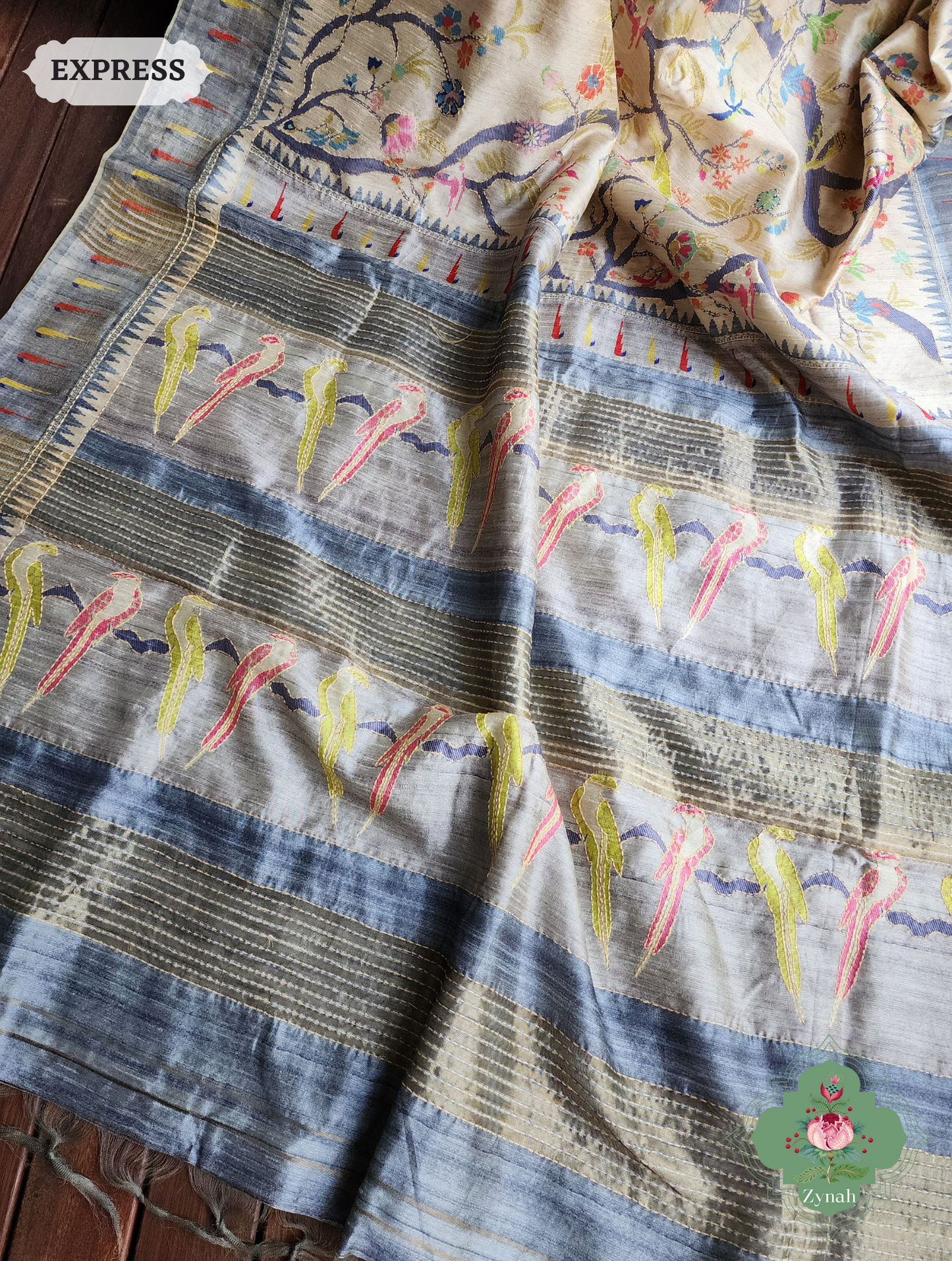Beige & Grey Jute Linen Saree With Kantha Work Parrot Motifs