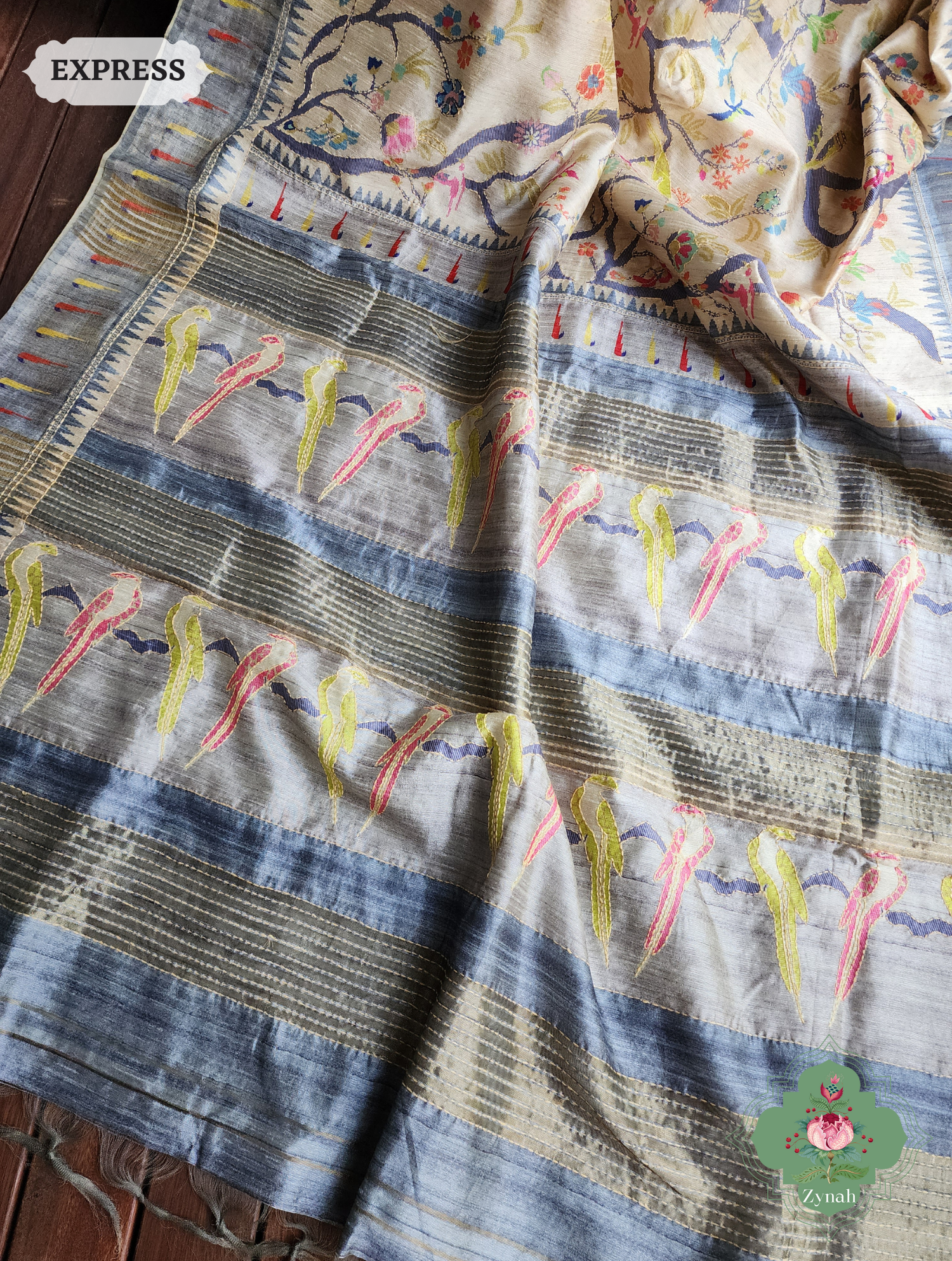Beige & Grey Jute Linen Saree With Kantha Work Parrot Motifs