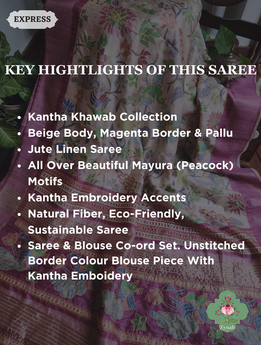 Beige & Magenta Jute Linen Saree With Kantha Work & Mayura Motifs