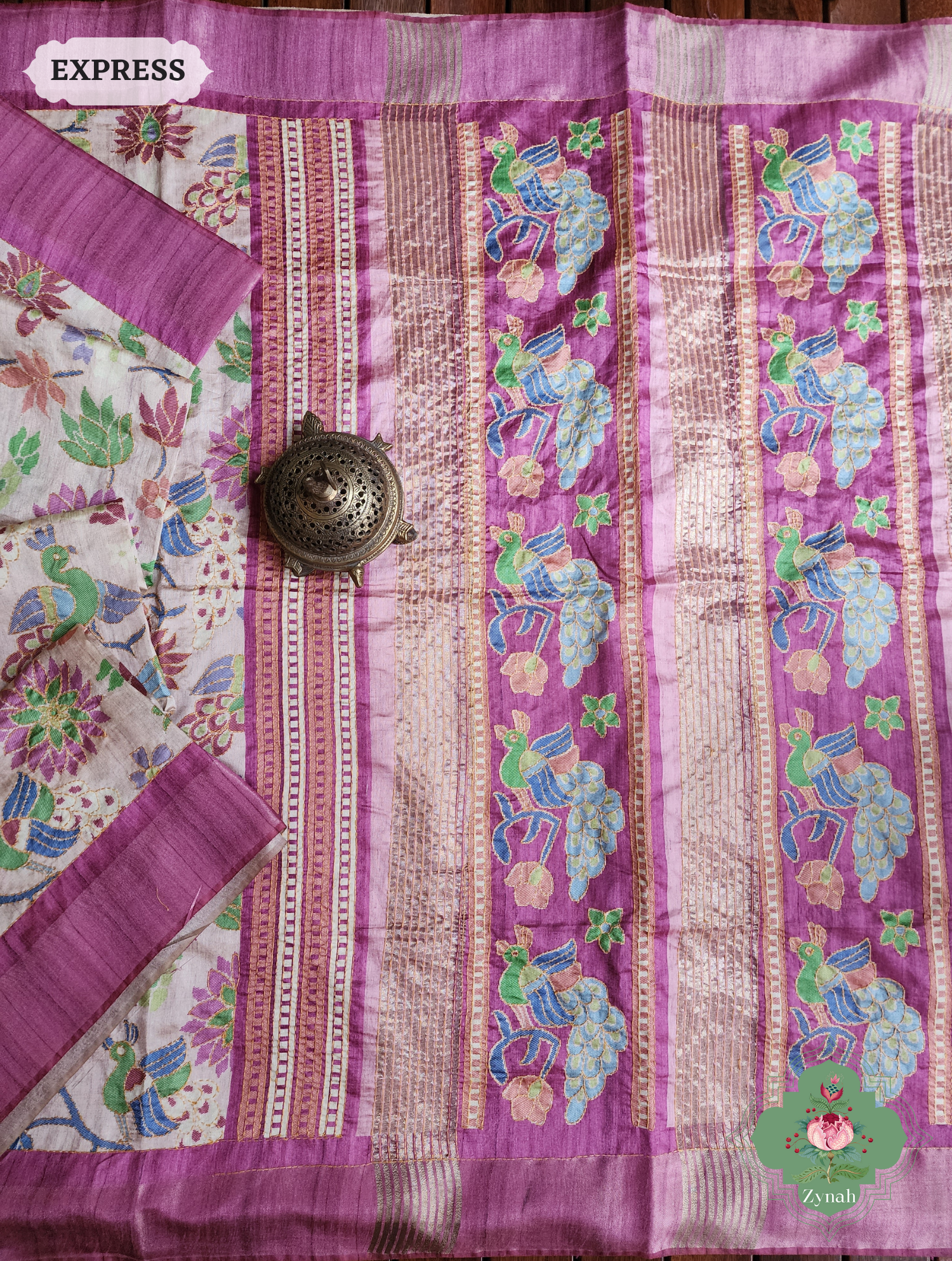 Beige & Magenta Jute Linen Saree With Kantha Work & Mayura Motifs