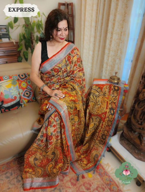Zynah Beige & Red Organic Linen Saree With Kalamkari Print; Custom Stitched/Ready-made Blouse, Fall, Petticoat; SKU: 1006202302