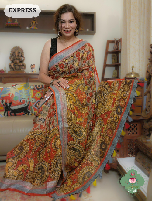 Zynah Beige & Red Organic Linen Saree With Kalamkari Print; Custom Stitched/Ready-made Blouse, Fall, Petticoat; SKU: 1006202302