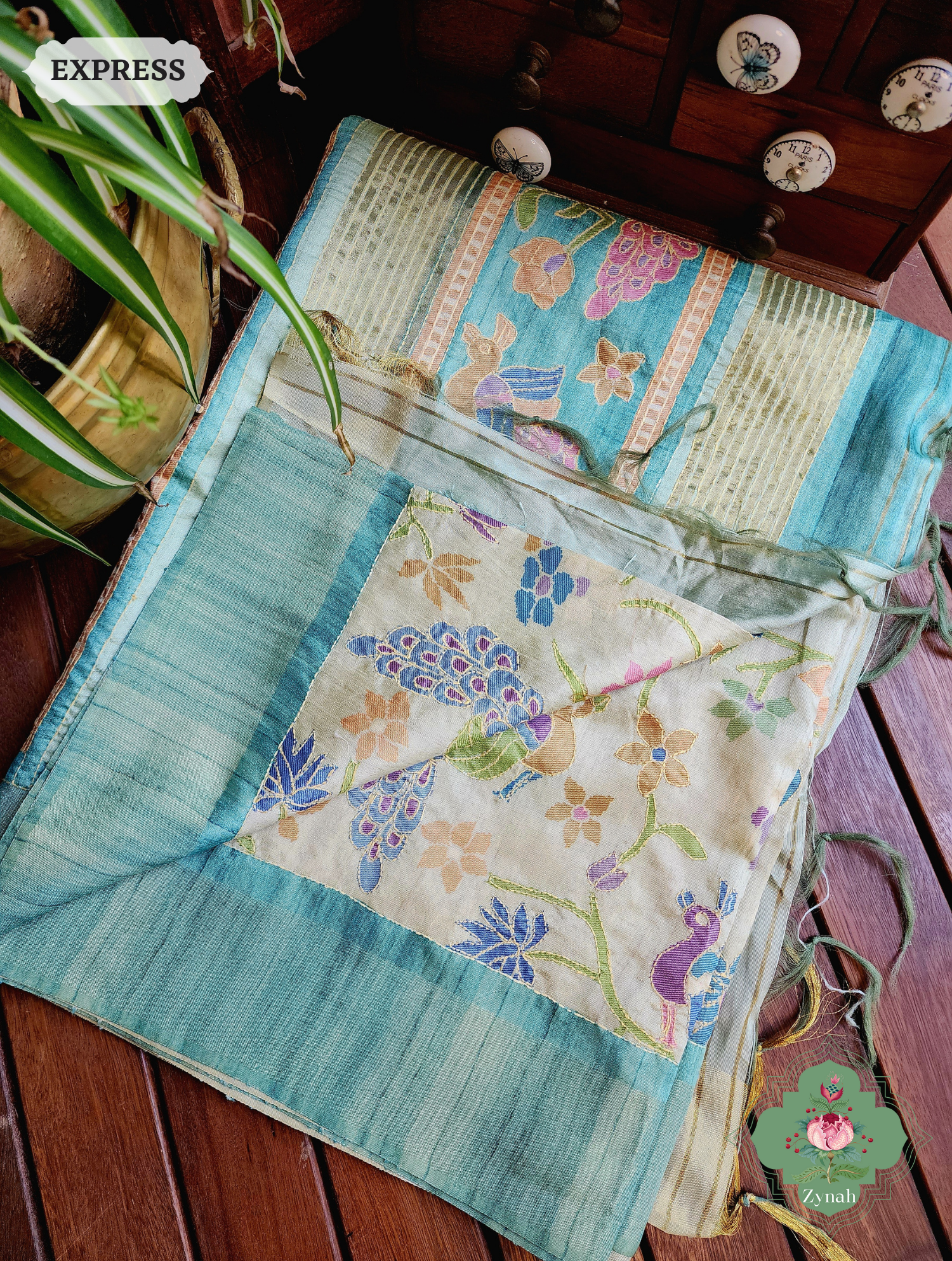 Beige & Turquoise Jute Linen Saree With Kantha Work & Mayura Motifs
