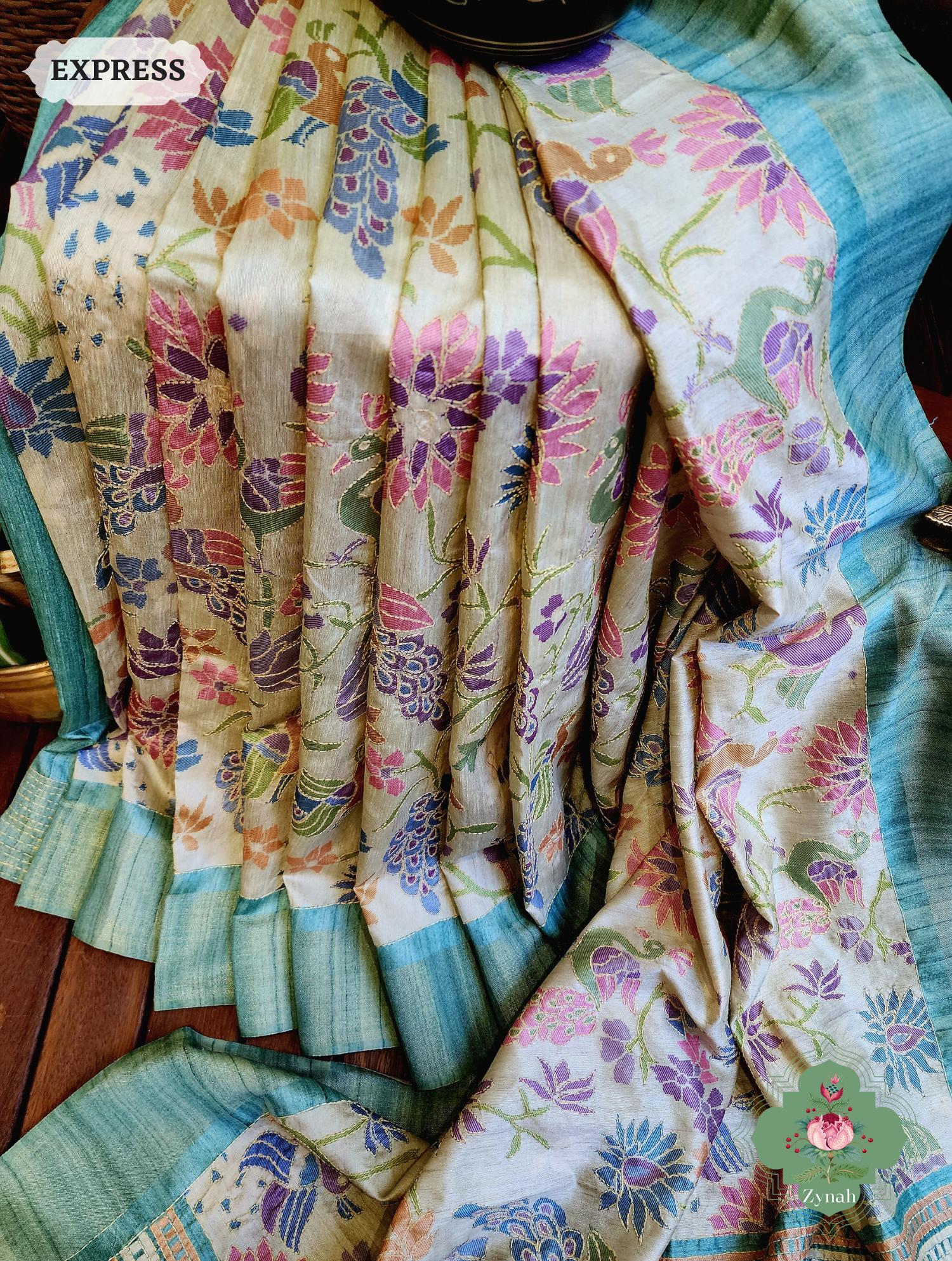 Beige & Turquoise Jute Linen Saree With Kantha Work & Mayura Motifs