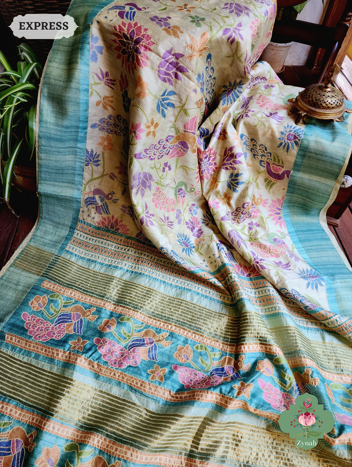 Zynah Beige & Turquoise Jute Linen Saree With Kantha Work & Mayura Motifs; Custom Stitched/Ready-made Blouse, Fall, Petticoat; SKU: 2109202314