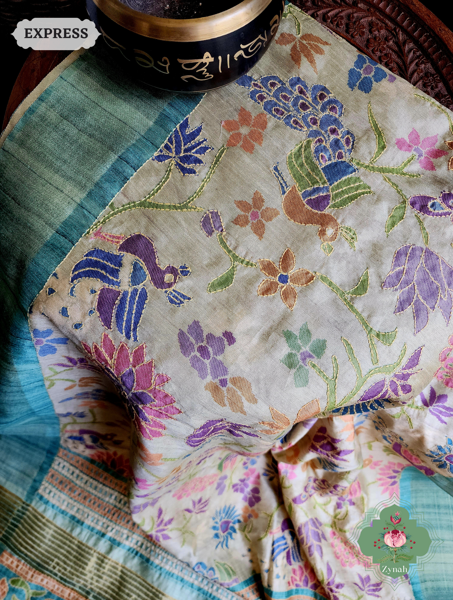 Beige & Turquoise Jute Linen Saree With Kantha Work & Mayura Motifs