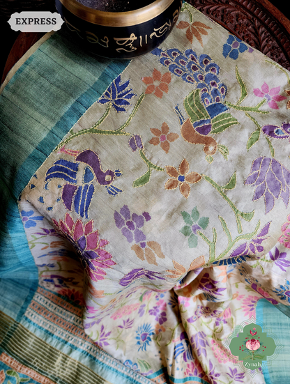 Beige & Turquoise Jute Linen Saree With Kantha Work & Mayura Motifs