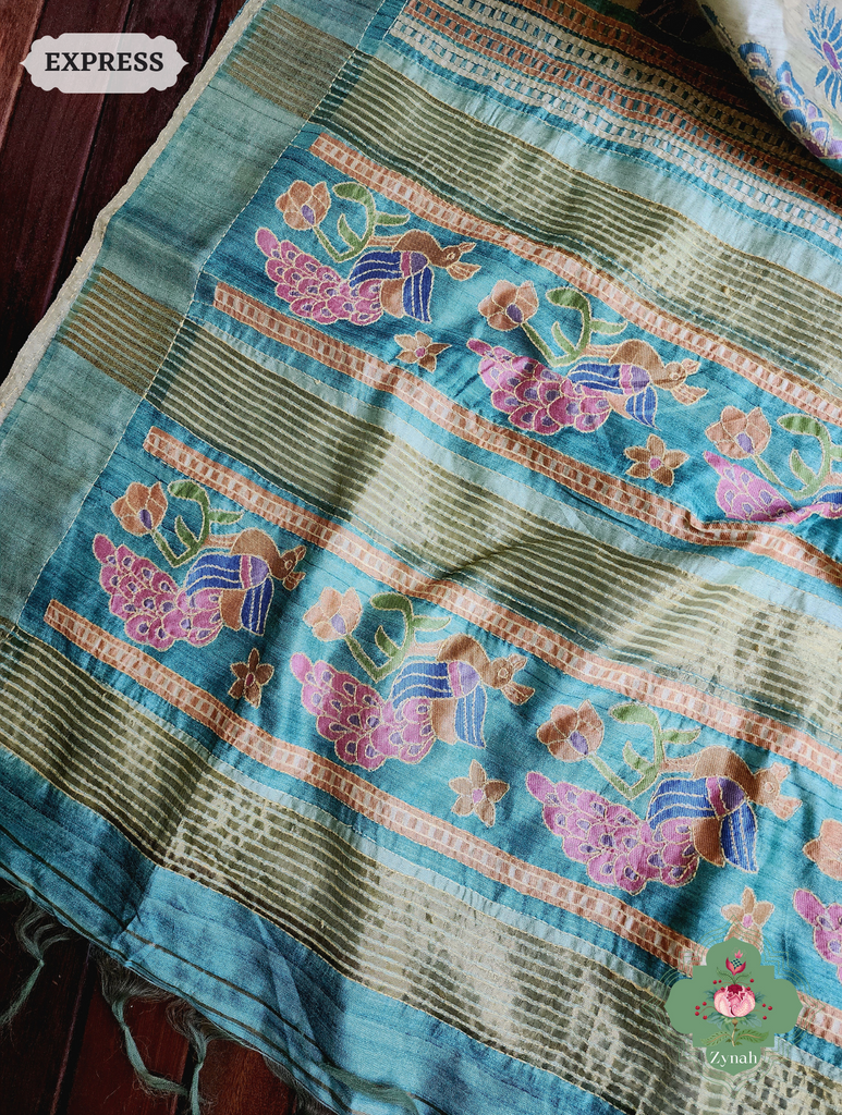 Beige & Turquoise Jute Linen Saree With Kantha Work & Mayura Motifs