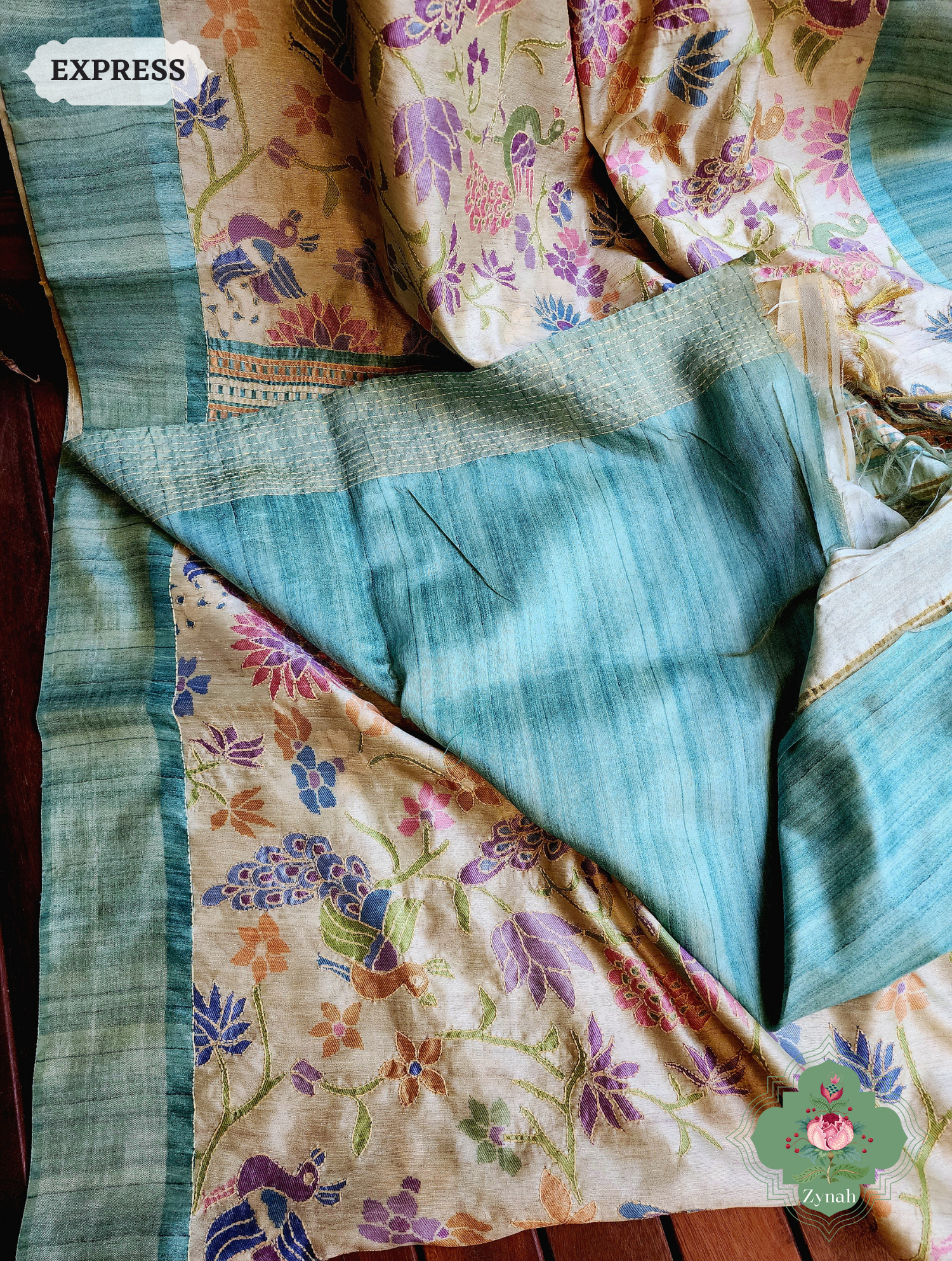 Beige & Turquoise Jute Linen Saree With Kantha Work & Mayura Motifs