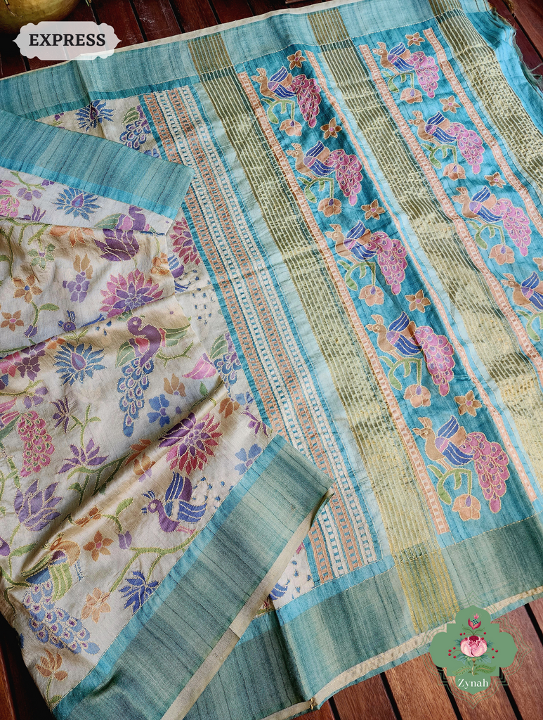 Beige & Turquoise Jute Linen Saree With Kantha Work & Mayura Motifs