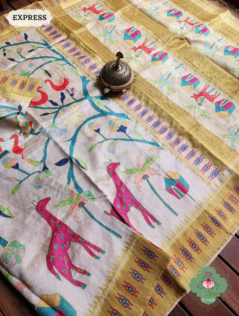 Beige & Yellow Jute Linen Saree With Kantha Work & Nature Motifs
