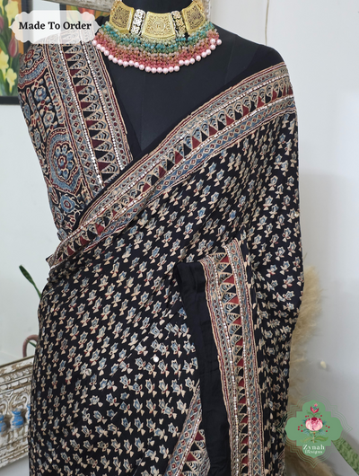 Zynah Made To Order Black Ajrakh Modal Silk Saree With Lagdi Patta Pallu & Hand Embellishments; Custom Stitched/Ready-made Blouse, Fall, Petticoat; SKU:1909202503