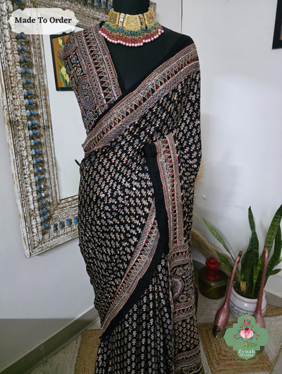 Zynah Made To Order Black Ajrakh Modal Silk Saree With Lagdi Patta Pallu & Hand Embellishments; Custom Stitched/Ready-made Blouse, Fall, Petticoat; SKU:1909202503