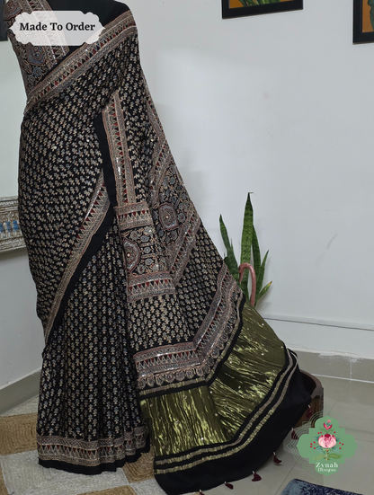 Zynah Made To Order Black Ajrakh Modal Silk Saree With Lagdi Patta Pallu & Hand Embellishments; Custom Stitched/Ready-made Blouse, Fall, Petticoat; SKU:1909202503
