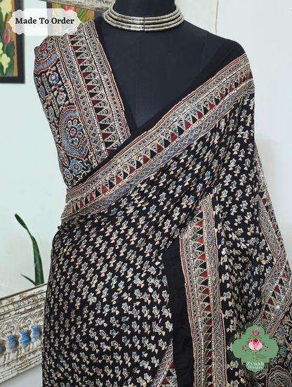 Zynah Made To Order Black Ajrakh Modal Silk Saree With Lagdi Patta Pallu & Hand Embellishments; Custom Stitched/Ready-made Blouse, Fall, Petticoat; SKU:1909202503