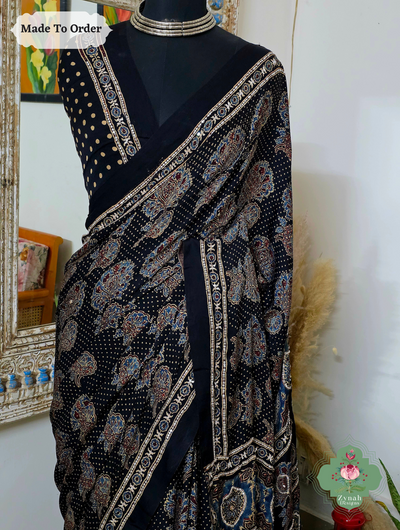 Zynah Made To Order Black Ajrakh Modal Silk Saree With Lagdi Patta Pallu & Hand Embellishments; Custom Stitched/Ready-made Blouse, Fall, Petticoat; SKU:1909202504