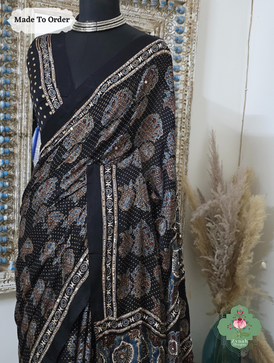 Zynah Made To Order Black Ajrakh Modal Silk Saree With Lagdi Patta Pallu & Hand Embellishments; Custom Stitched/Ready-made Blouse, Fall, Petticoat; SKU:1909202504