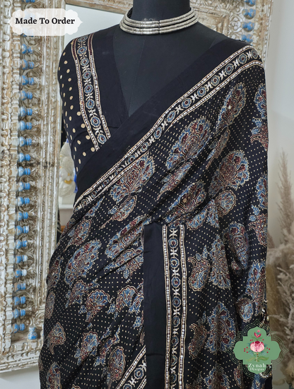 Zynah Made To Order Black Ajrakh Modal Silk Saree With Lagdi Patta Pallu & Hand Embellishments; Custom Stitched/Ready-made Blouse, Fall, Petticoat; SKU:1909202504